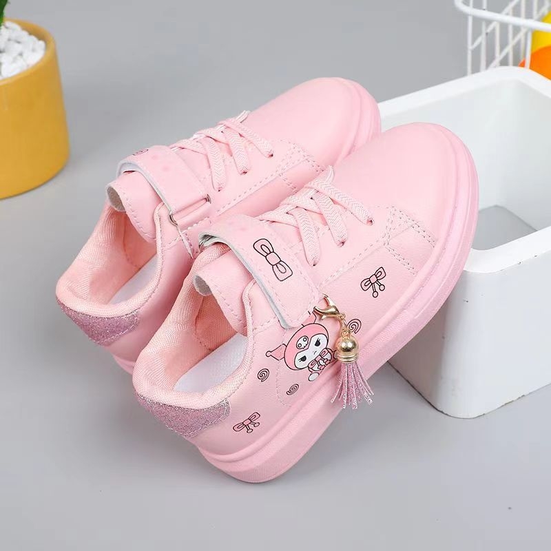 Pantofi sport albi pentru fete, în stil coreean, cu Velcro, imprimeu desen animat, gleznă joasă, talpă moale, pentru primăvară–toamnă 2024