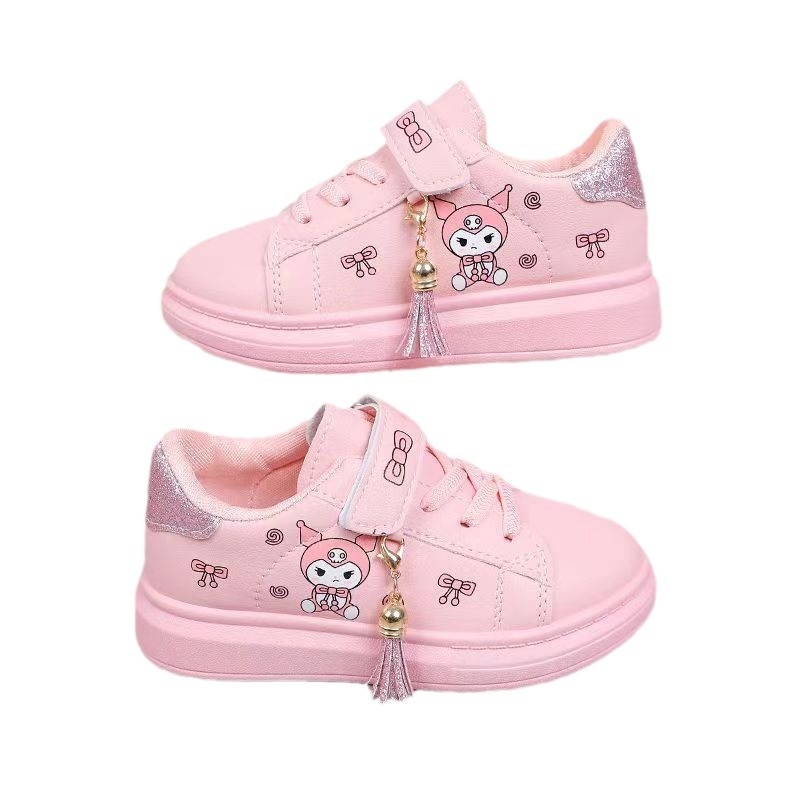 Pantofi sport albi pentru fete, în stil coreean, cu Velcro, imprimeu desen animat, gleznă joasă, talpă moale, pentru primăvară–toamnă 2024