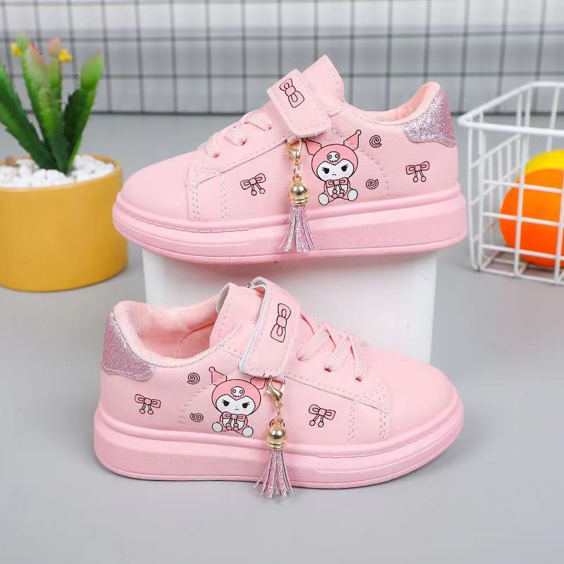 Pantofi sport albi pentru fete, în stil coreean, cu Velcro, imprimeu desen animat, gleznă joasă, talpă moale, pentru primăvară–toamnă 2024