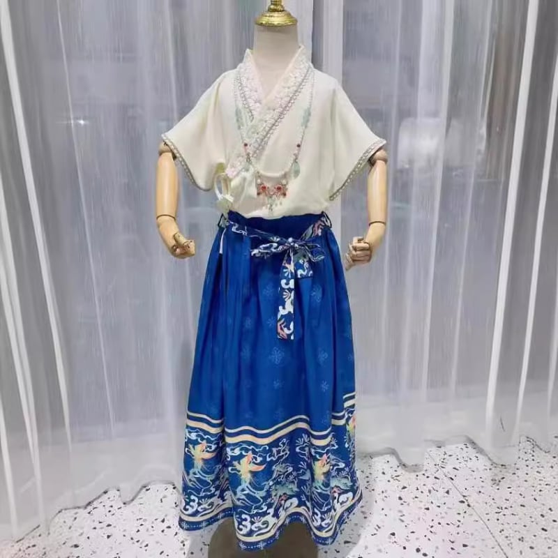 Παιδικό σετ δύο τεμαχίων άνοιξη-καλοκαίρι με φούστα Horse-face, φλοράλ σχέδιο, ύφασμα βαμβάκι-λινό, έμπνευση από τη δυναστεία Μινγκ
