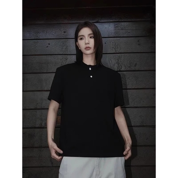 Férfi Henley galléros T-shirt, nyári hűsítő anyag, rövid ujjú polo, melír szürke, gyorsan száradó