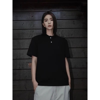 Férfi Henley galléros T-shirt, nyári hűsítő anyag, rövid ujjú polo, melír szürke, gyorsan száradó