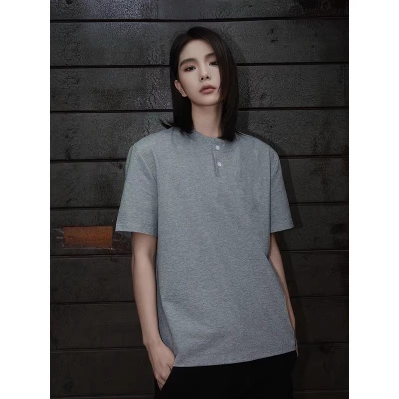 Férfi Henley galléros T-shirt, nyári hűsítő anyag, rövid ujjú polo, melír szürke, gyorsan száradó
