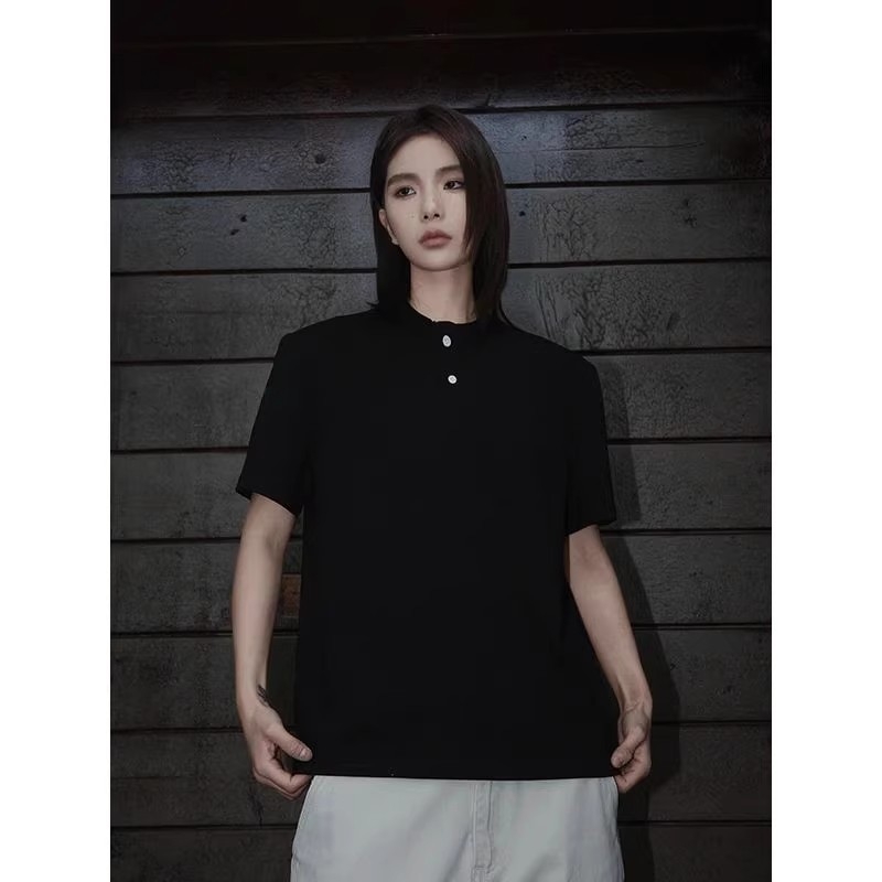 Férfi Henley galléros T-shirt, nyári hűsítő anyag, rövid ujjú polo, melír szürke, gyorsan száradó