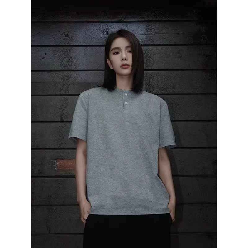 Férfi Henley galléros T-shirt, nyári hűsítő anyag, rövid ujjú polo, melír szürke, gyorsan száradó