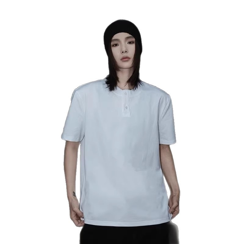 Férfi Henley galléros T-shirt, nyári hűsítő anyag, rövid ujjú polo, melír szürke, gyorsan száradó
