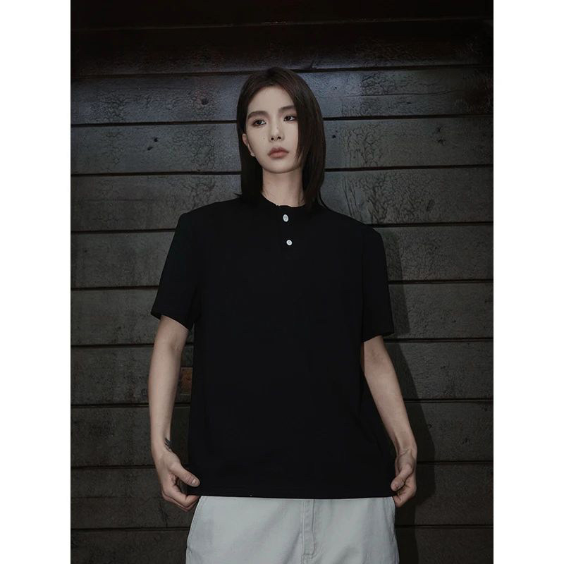 Férfi Henley galléros T-shirt, nyári hűsítő anyag, rövid ujjú polo, melír szürke, gyorsan száradó