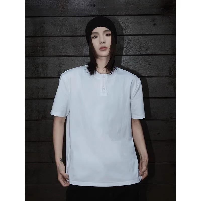 Férfi Henley galléros T-shirt, nyári hűsítő anyag, rövid ujjú polo, melír szürke, gyorsan száradó