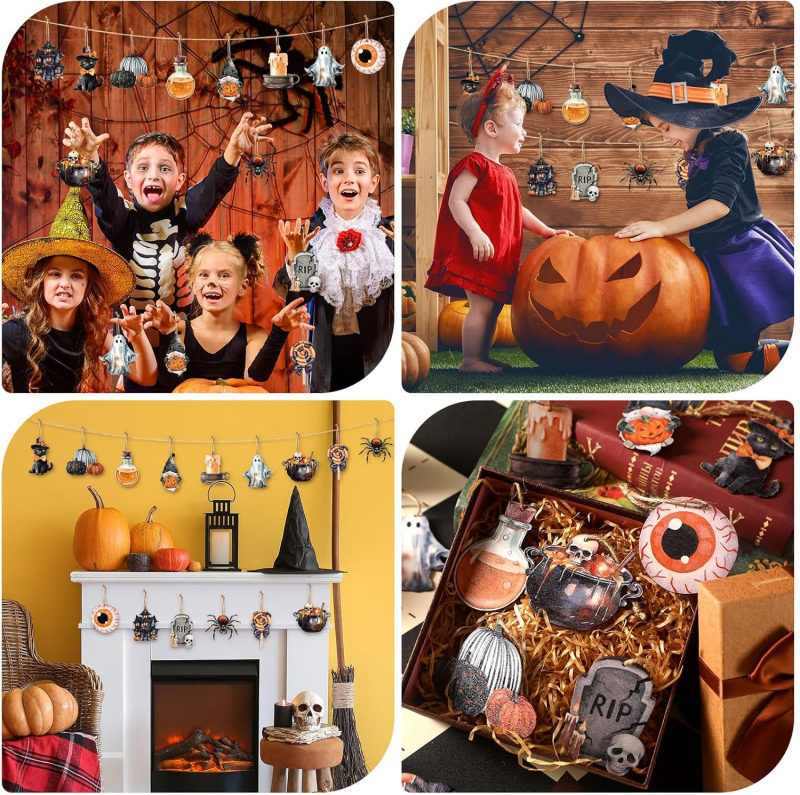 Drevená závesná ceduľa na Halloween s duchom, tekvicou a lebkou – prívesok na vianočný stromček