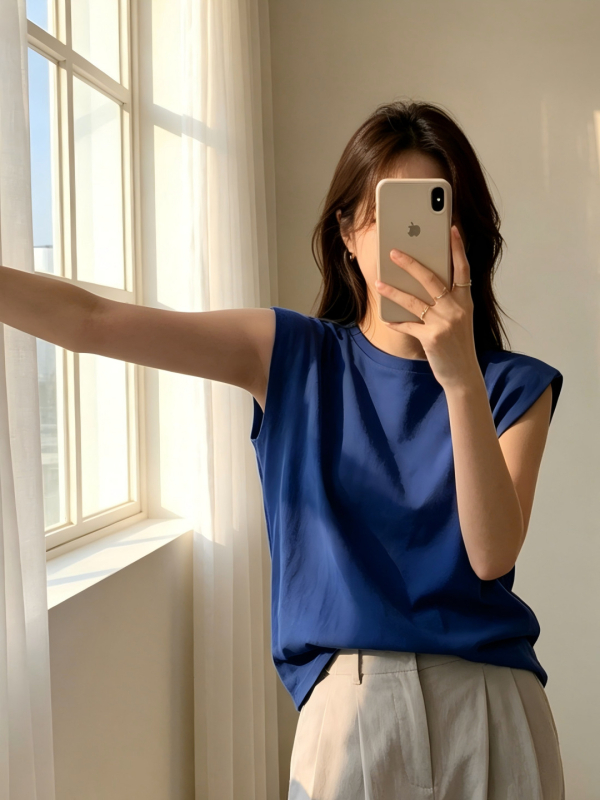 Női ujjatlan nyári top laza szabással, kerek nyakkal, koreai stílusú