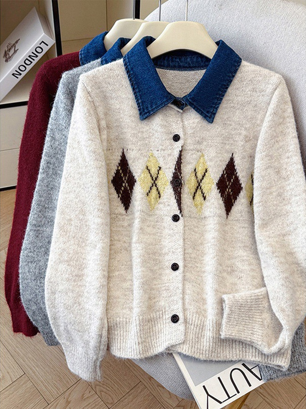 Koreai retro stílus, rombusz mintázat, kontrasztos denim patchwork, polo gallér, kötött kardigán-jacka