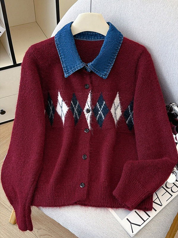Koreai retro stílus, rombusz mintázat, kontrasztos denim patchwork, polo gallér, kötött kardigán-jacka
