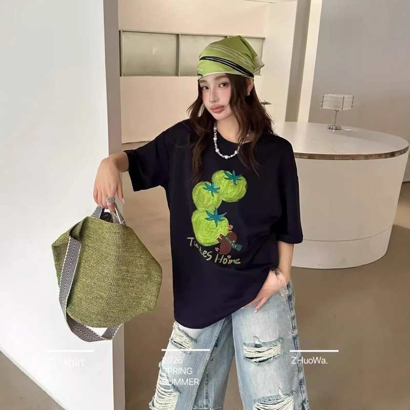 Tricou lejer pentru femei, cu guler rotund, lungime medie, mâneci scurte, stil coreean de vară, casual, din Milk Silk