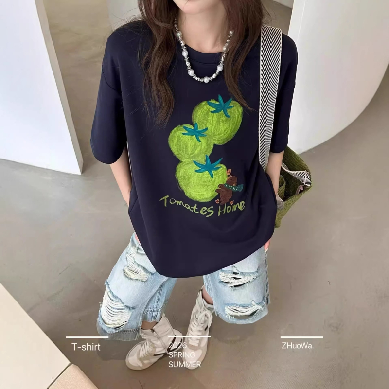 Tricou lejer pentru femei, cu guler rotund, lungime medie, mâneci scurte, stil coreean de vară, casual, din Milk Silk