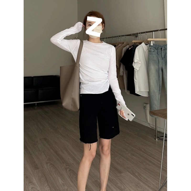 Top damă din bumbac cu mânecă lungă, croială slim, guler rotund, culoare solidă, primăvară/toamnă 2025