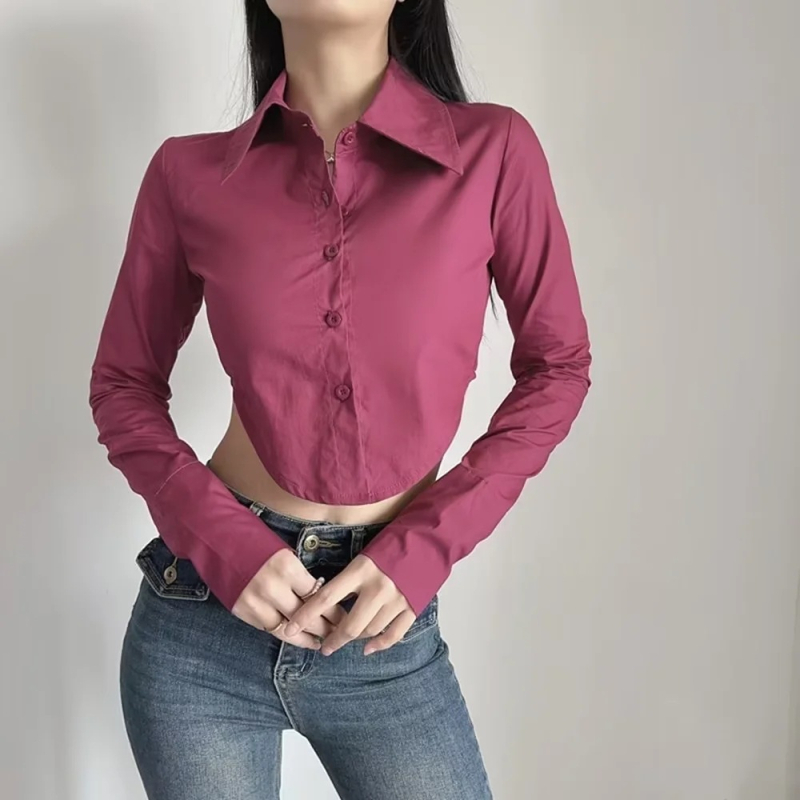 Cardigan damă scurt cu margine curbată, talie înaltă, mâneci lungi, culoare solidă, închidere cu nasturi, toamnă 2023