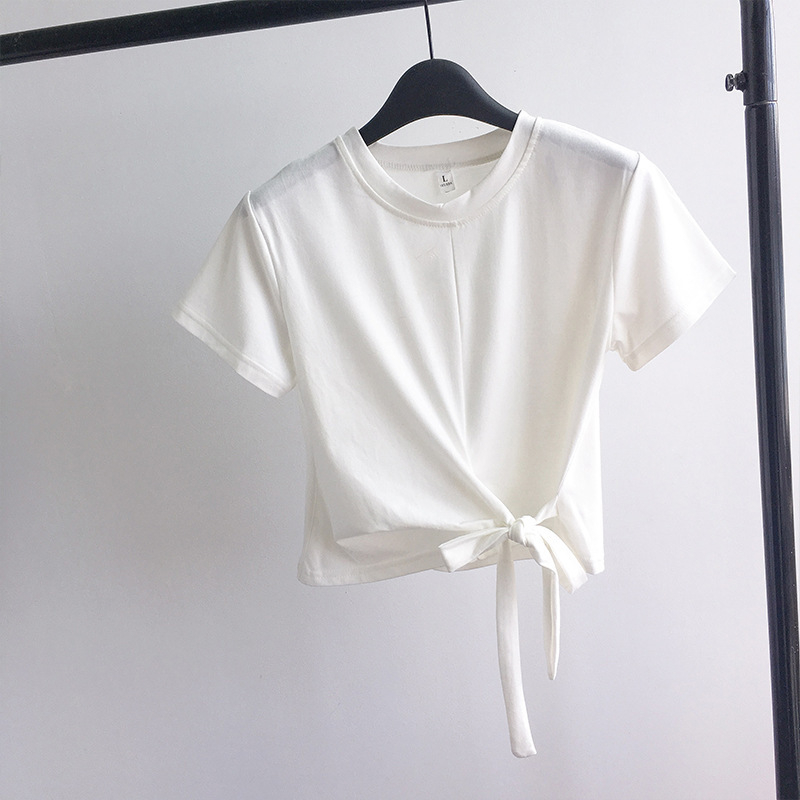 Tricou damă cropt cu culoare solidă, detaliu bretele, stil coreean, mâneci scurte, croială Slim, Milk Silk, Vară 2025