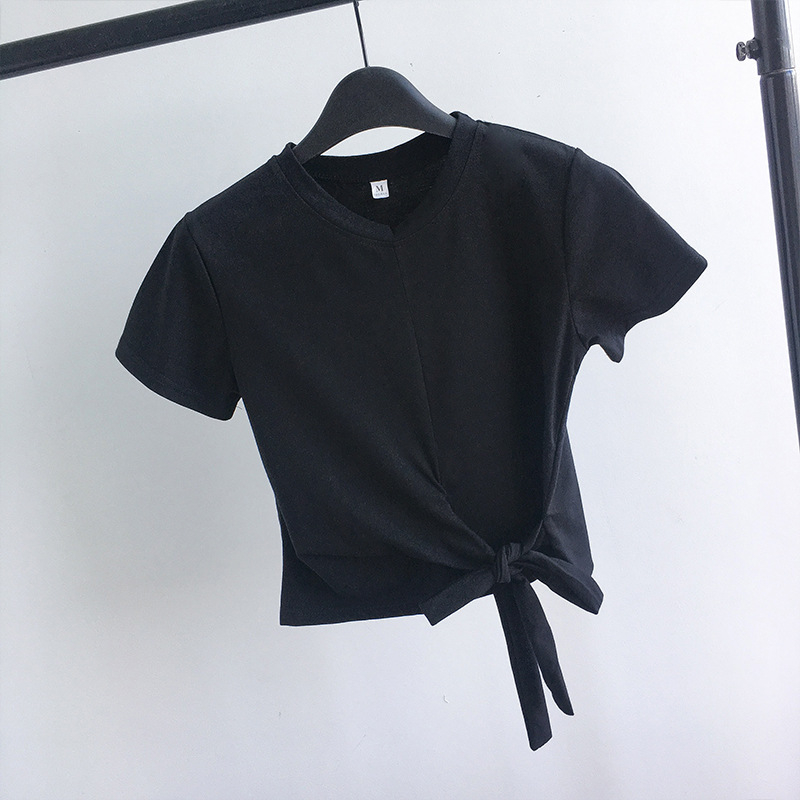 Tricou damă cropt cu culoare solidă, detaliu bretele, stil coreean, mâneci scurte, croială Slim, Milk Silk, Vară 2025