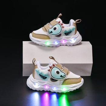 Pantofi pentru copii cu dinozaur desen animat, luminoși, din plasă respirabilă, închidere Velcro, talpă moale, pantofi de mers pentru primăvară și toamnă
