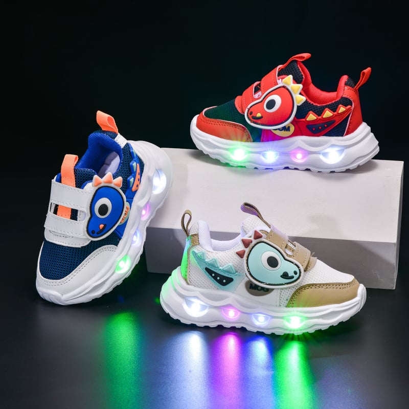 Pantofi pentru copii cu dinozaur desen animat, luminoși, din plasă respirabilă, închidere Velcro, talpă moale, pantofi de mers pentru primăvară și toamnă