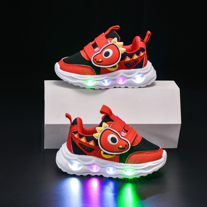 Pantofi pentru copii cu dinozaur desen animat, luminoși, din plasă respirabilă, închidere Velcro, talpă moale, pantofi de mers pentru primăvară și toamnă
