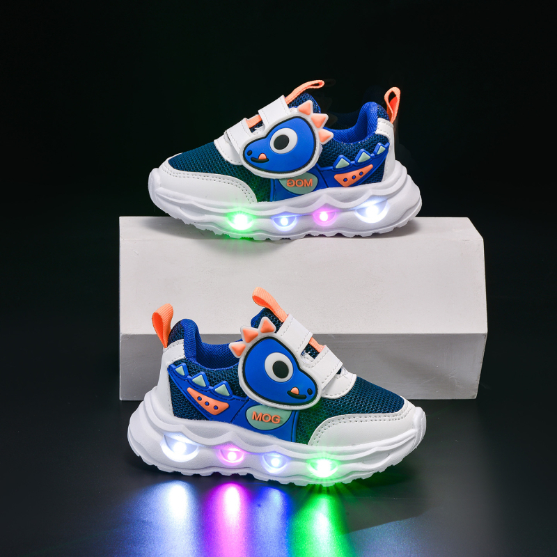 Pantofi pentru copii cu dinozaur desen animat, luminoși, din plasă respirabilă, închidere Velcro, talpă moale, pantofi de mers pentru primăvară și toamnă