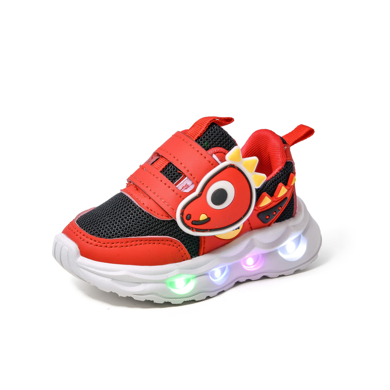 Pantofi pentru copii cu dinozaur desen animat, luminoși, din plasă respirabilă, închidere Velcro, talpă moale, pantofi de mers pentru primăvară și toamnă