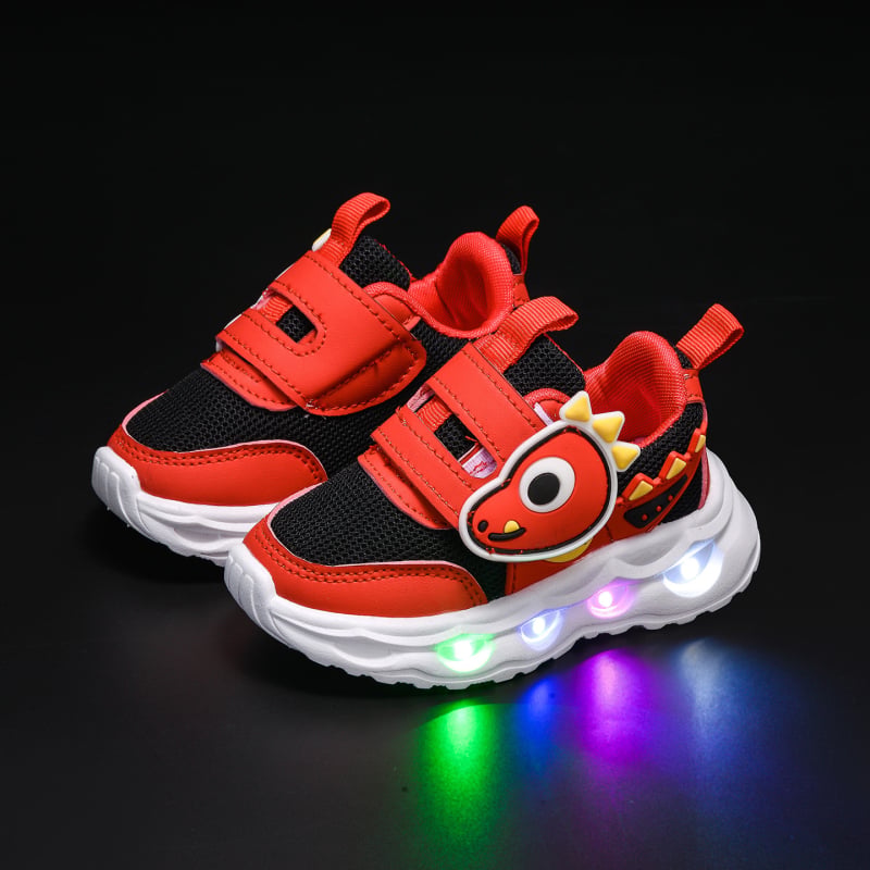 Pantofi pentru copii cu dinozaur desen animat, luminoși, din plasă respirabilă, închidere Velcro, talpă moale, pantofi de mers pentru primăvară și toamnă