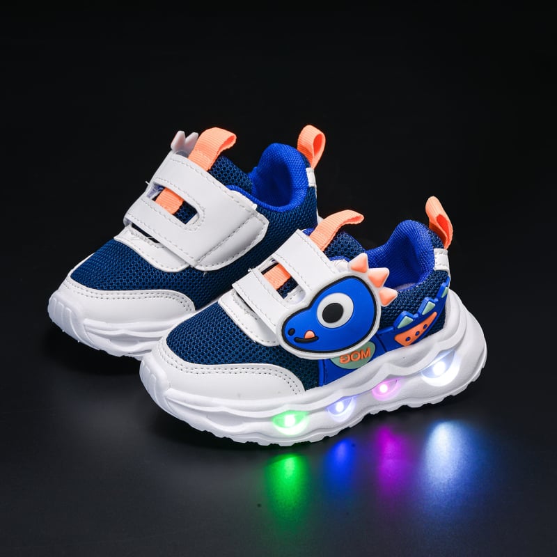 Pantofi pentru copii cu dinozaur desen animat, luminoși, din plasă respirabilă, închidere Velcro, talpă moale, pantofi de mers pentru primăvară și toamnă