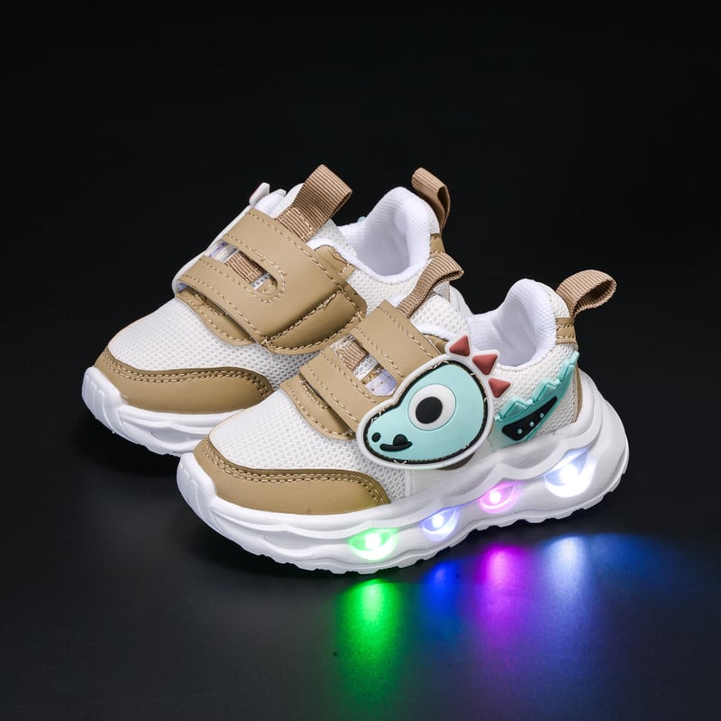 Pantofi pentru copii cu dinozaur desen animat, luminoși, din plasă respirabilă, închidere Velcro, talpă moale, pantofi de mers pentru primăvară și toamnă