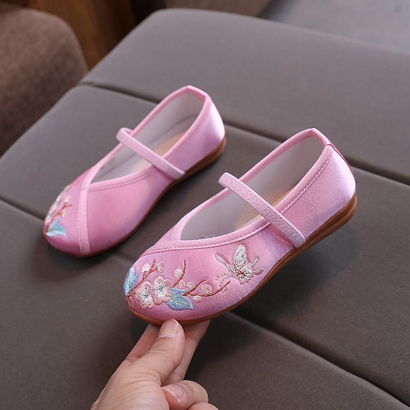 Pantofi de dans pentru fete, în stil etnic, din material textil, cu broderie și perle, curea elastică