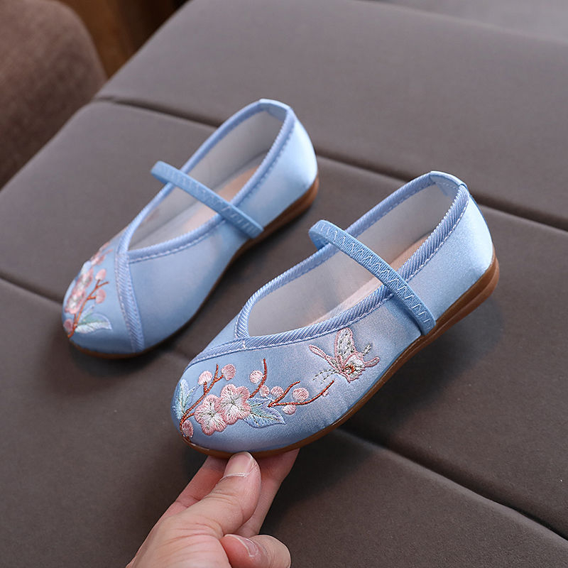 Pantofi de dans pentru fete, în stil etnic, din material textil, cu broderie și perle, curea elastică