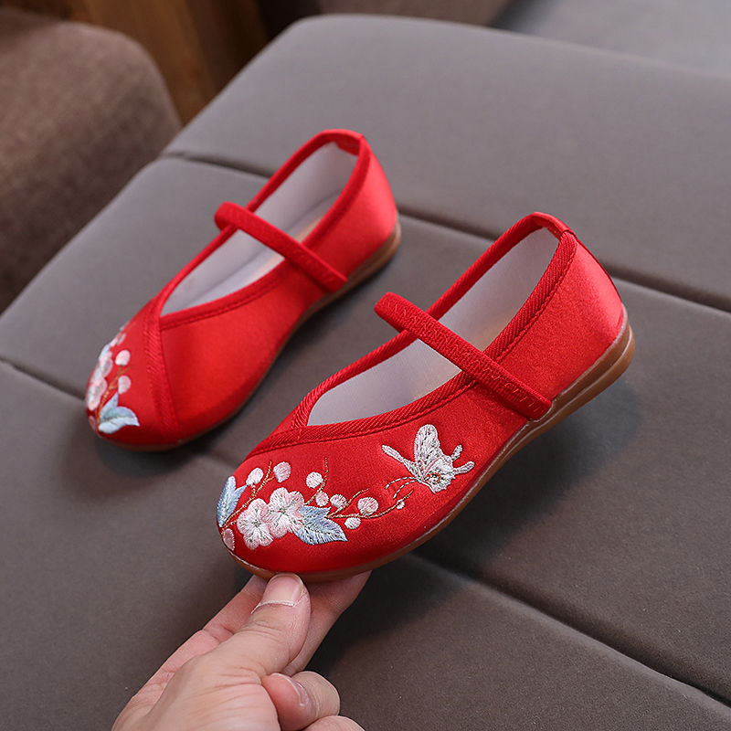 Pantofi de dans pentru fete, în stil etnic, din material textil, cu broderie și perle, curea elastică