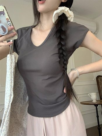 Tricou damă cu decolteu în V, mânecă scurtă, vară 2025, stil coreean, culoare solidă, croială Slim, Material Milk Silk
