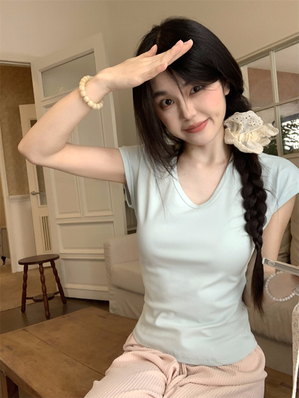 Tricou damă cu decolteu în V, mânecă scurtă, vară 2025, stil coreean, culoare solidă, croială Slim, Material Milk Silk