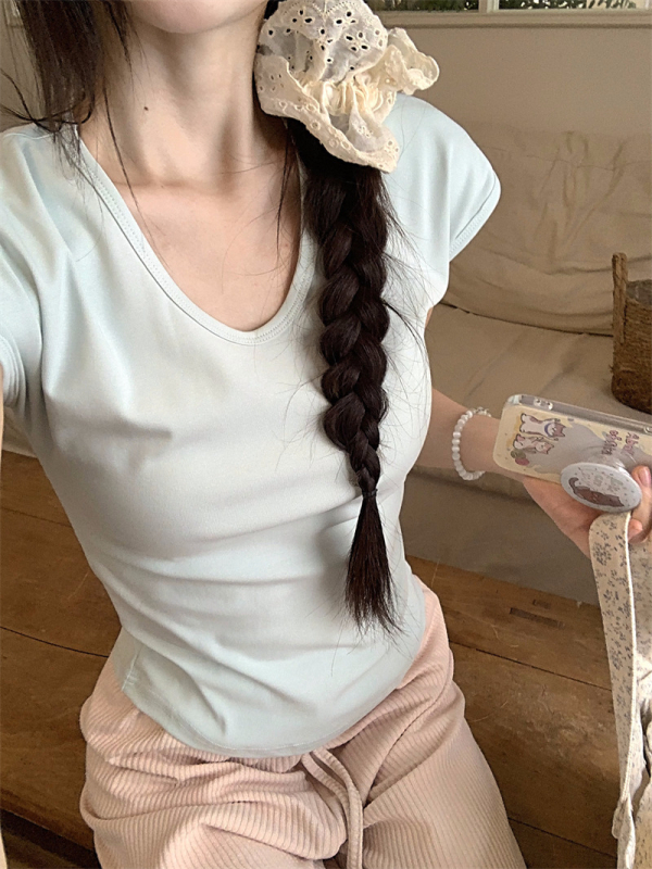 Tricou damă cu decolteu în V, mânecă scurtă, vară 2025, stil coreean, culoare solidă, croială Slim, Material Milk Silk