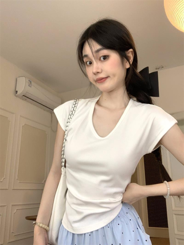 Tricou damă cu decolteu în V, mânecă scurtă, vară 2025, stil coreean, culoare solidă, croială Slim, Material Milk Silk