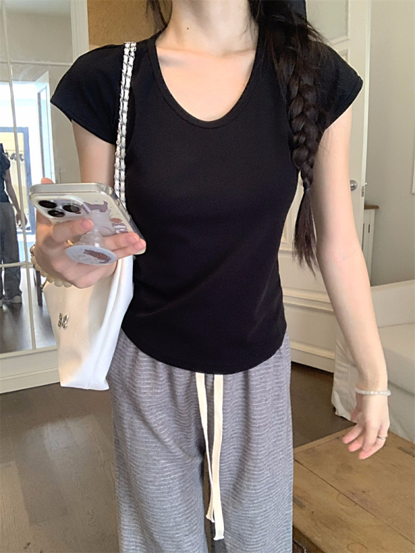 Tricou damă cu decolteu în V, mânecă scurtă, vară 2025, stil coreean, culoare solidă, croială Slim, Material Milk Silk