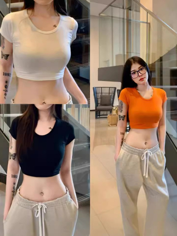 Tricou damă cropt, culoare solidă, decolteu în formă de U, croială slim, top de bază