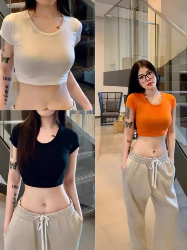 Tricou damă cropt, culoare solidă, decolteu în formă de U, croială slim, top de bază