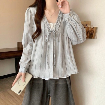 Bluza cu dantelă și imprimeu carouri, mâneci lungi, pentru femei, iluzie de două piese, ascunde burta, legătură în față, umeri la vedere, Xiangyun Silk