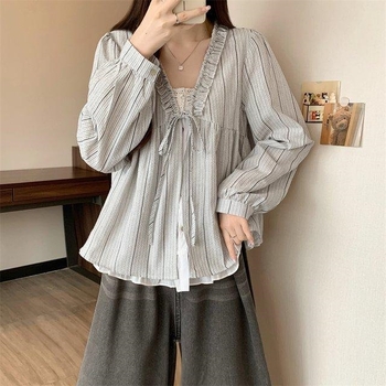 Bluza cu dantelă și imprimeu carouri, mâneci lungi, pentru femei, iluzie de două piese, ascunde burta, legătură în față, umeri la vedere, Xiangyun Silk