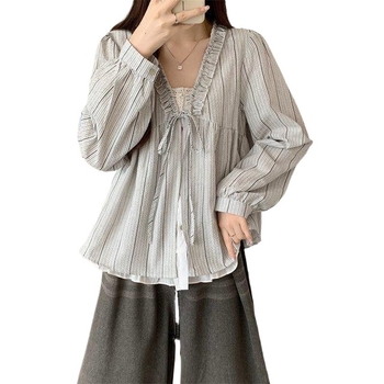 Bluza cu dantelă și imprimeu carouri, mâneci lungi, pentru femei, iluzie de două piese, ascunde burta, legătură în față, umeri la vedere, Xiangyun Silk