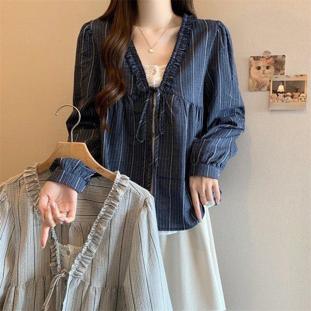 Bluza cu dantelă și imprimeu carouri, mâneci lungi, pentru femei, iluzie de două piese, ascunde burta, legătură în față, umeri la vedere, Xiangyun Silk
