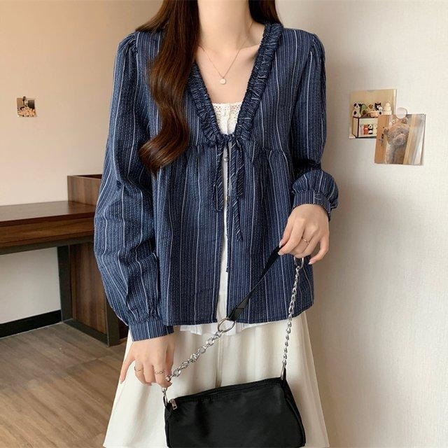 Bluza cu dantelă și imprimeu carouri, mâneci lungi, pentru femei, iluzie de două piese, ascunde burta, legătură în față, umeri la vedere, Xiangyun Silk