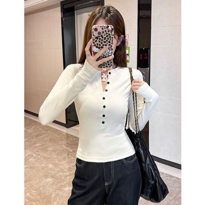 Tricou cu mânece lungi și decolteu în V, pentru toamnă/iarnă, mărime plus, croială slim, top minimalist