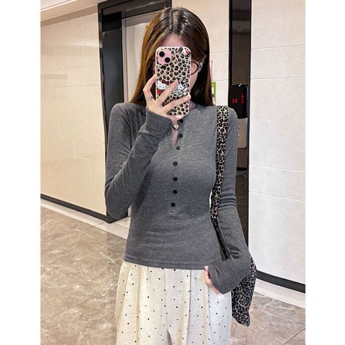 Tricou cu mânece lungi și decolteu în V, pentru toamnă/iarnă, mărime plus, croială slim, top minimalist