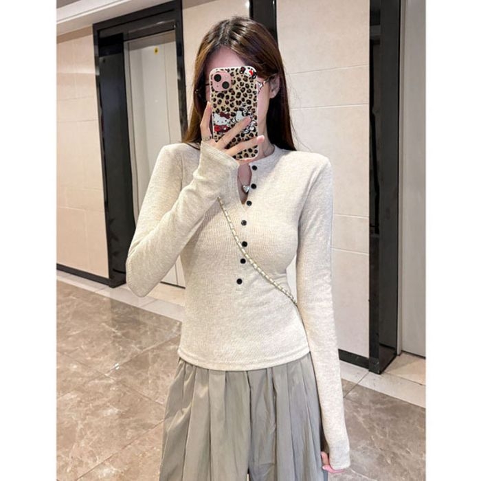 Tricou cu mânece lungi și decolteu în V, pentru toamnă/iarnă, mărime plus, croială slim, top minimalist