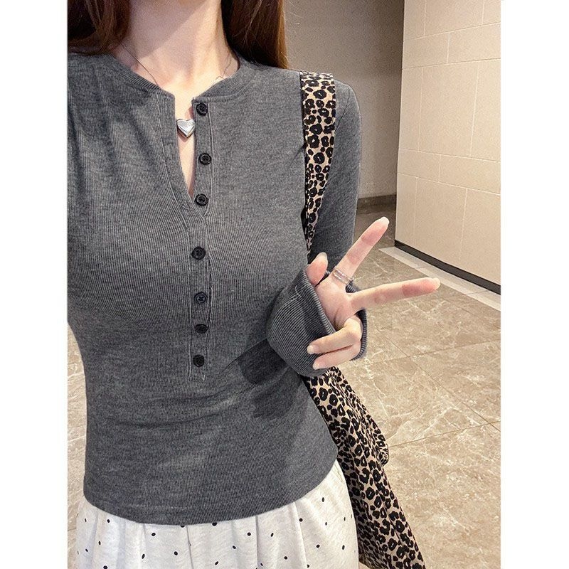 Tricou cu mânece lungi și decolteu în V, pentru toamnă/iarnă, mărime plus, croială slim, top minimalist