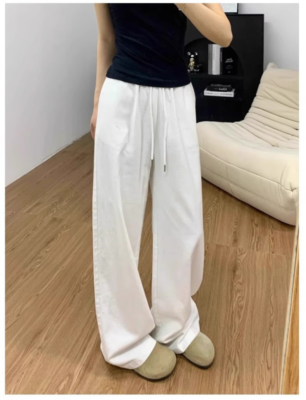Dámske biele športové nohavice plus size, letné, s vysokým pásom, rovné nohavice, zoštíhľujúce pre hruškovitú postavu.
